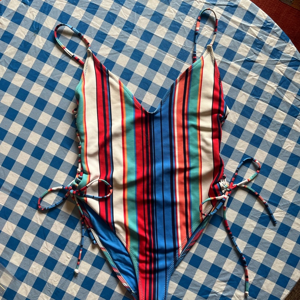 Zara Multicolor One Piece Lace-up Swimsuit with Stripes